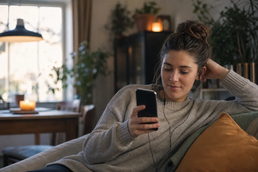 Androidmobil och hörlurar för ljudbokslyssning