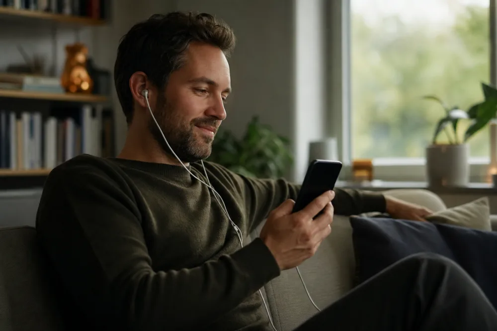 Iphone och hörlurar för ljudbokslyssning