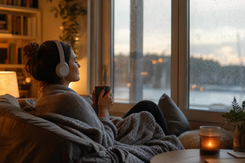 Fantasyböcker och hörlurar i en sagolik miljö