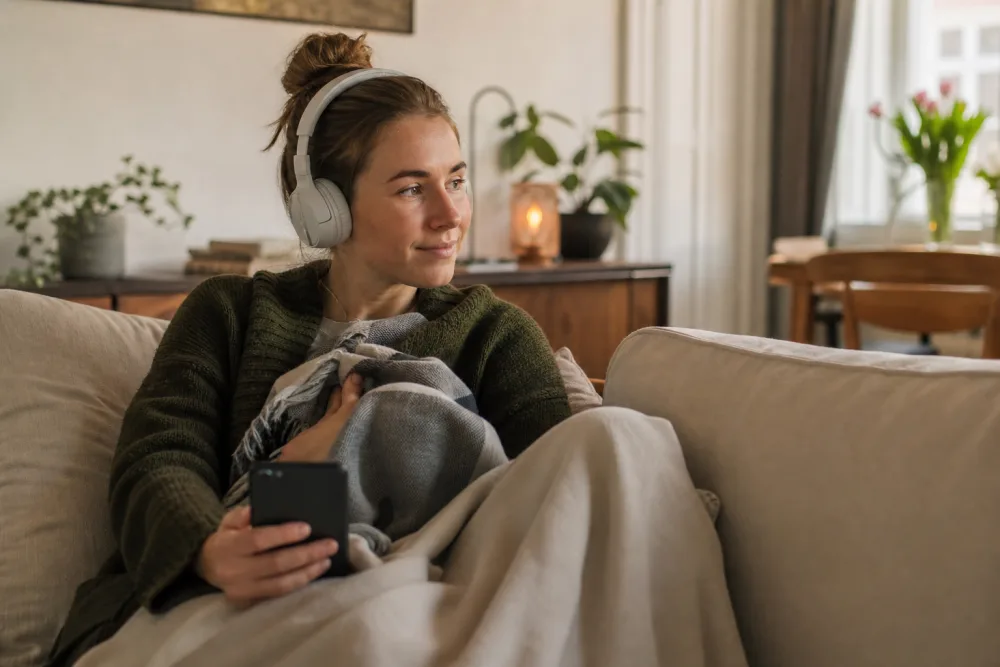 E-boksläsning och hörlurar i en lugn fåtölj