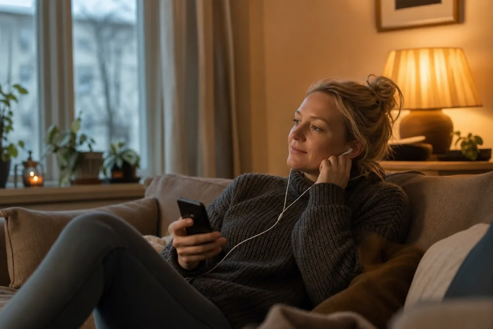 Mobil och hörlurar vid start av BookBeat