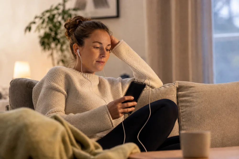 Mobil och hörlurar vid start av Storytel