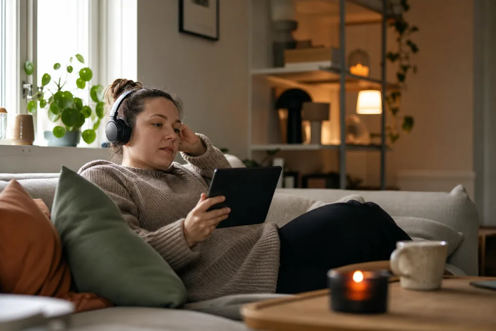 Två mobiler och hörlurar vid jämförelse av Storytel och Bokus Play
