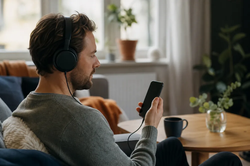 Två mobiler och hörlurar vid jämförelse av Storytel och BookBeat