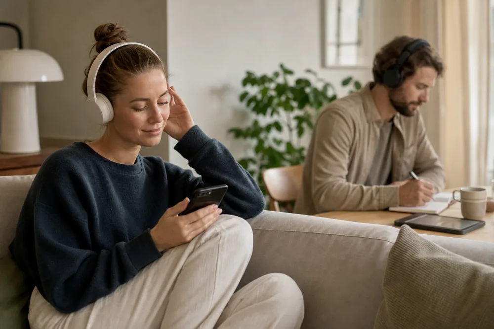Två mobiler och hörlurar vid jämförelse av Storytel och Mindly