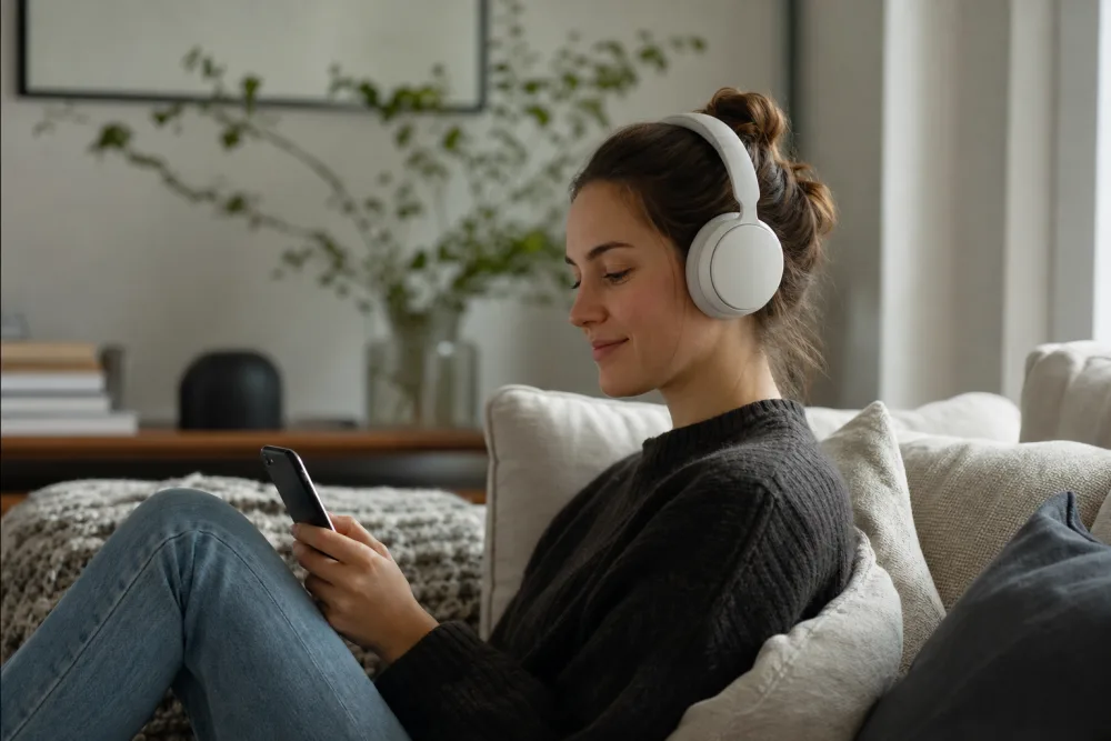 Två mobiler och hörlurar vid jämförelse av Storytel och Nextory